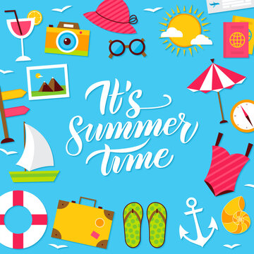 Summer Time Lettering Postcard. Vector Illustration of Flat Style Sea Travel Poster.