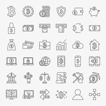 Bitcoin Line Icons Set. Vector Collection of Thin Outline Cryptocurrency Finance Symbols.