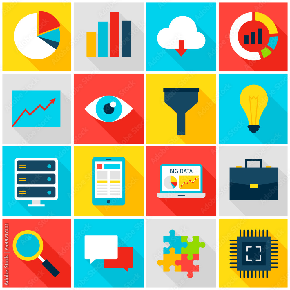 Poster big data colorful icons. vector illustration. business analytics set of flat rectangle items with lo
