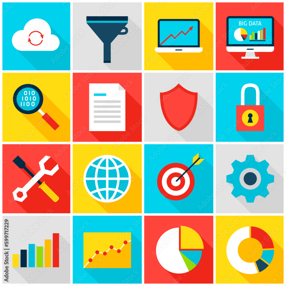 Poster big data analytics colorful icons. vector illustration. business statistics set of flat rectangle it