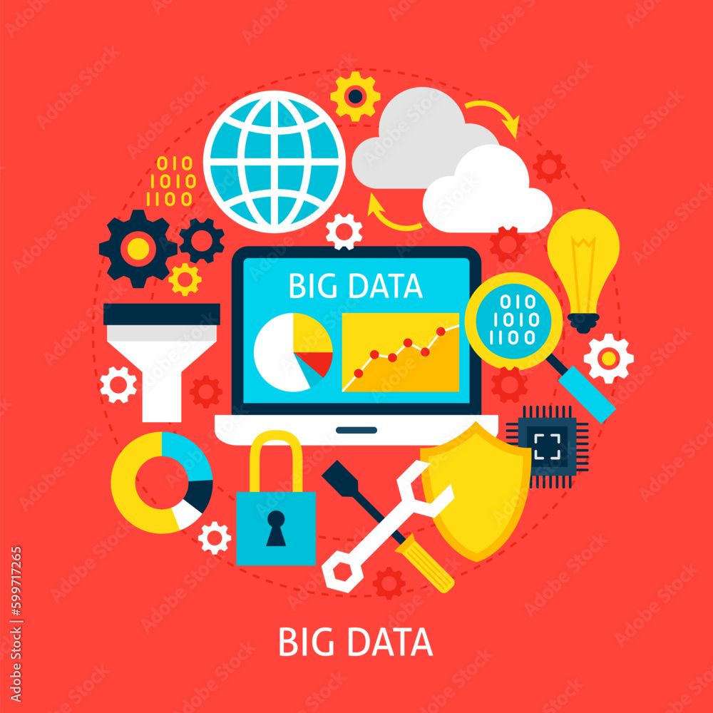 Poster big data flat concept. poster design vector illustration. set of business analytics objects.