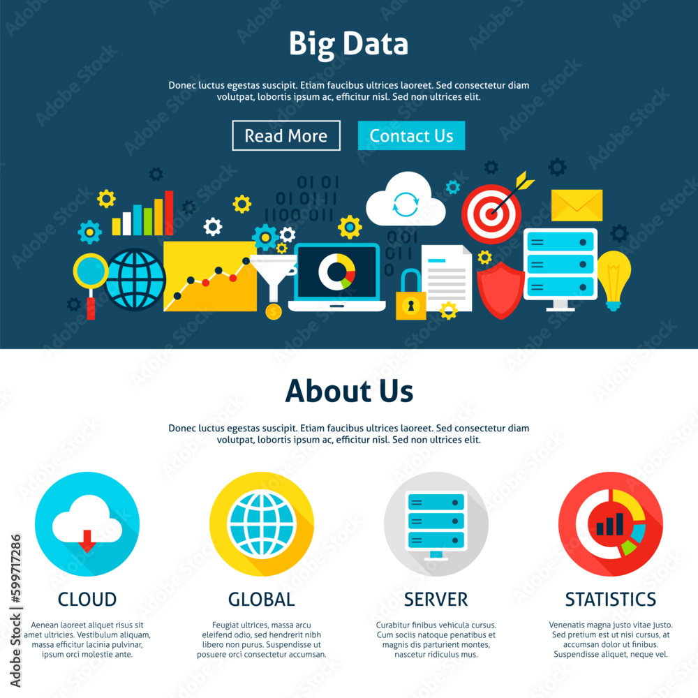 Aufkleber big data website design. flat style vector illustration for web banner and landing page.