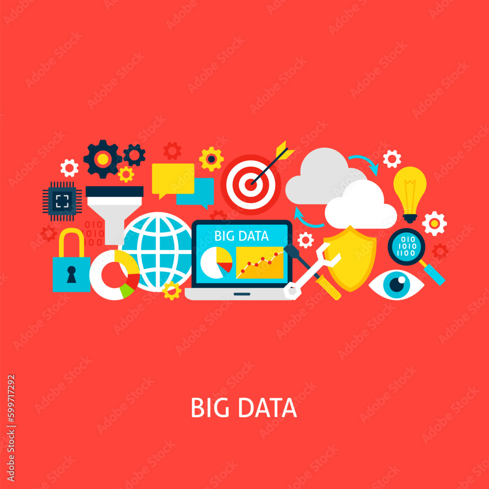 Poster big data flat concept. poster design vector illustration. set of business analysis colorful objects.