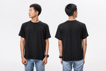 Young handsome asian man in blank black t-shirt front and back view isolated white background....