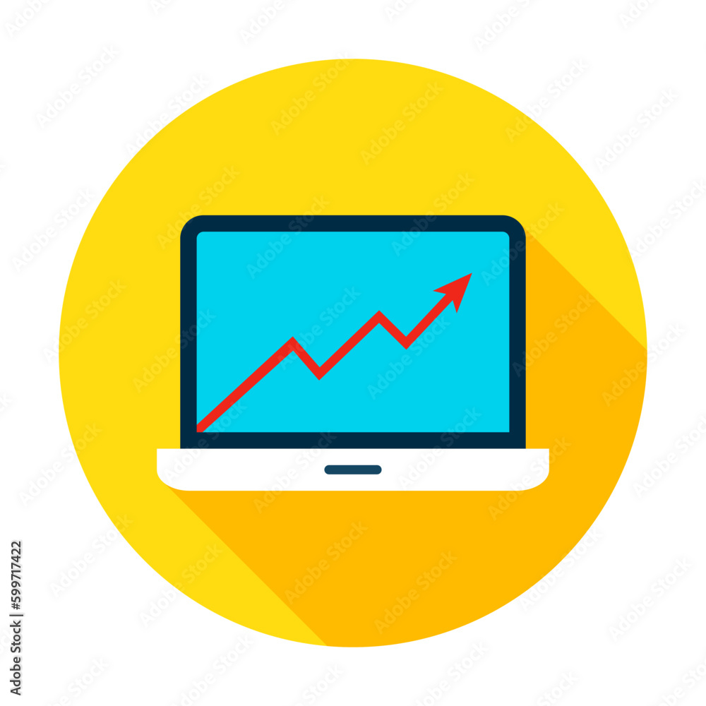 Poster laptop growth graph icon. vector illustration flat style circle item with long shadow. data analysis