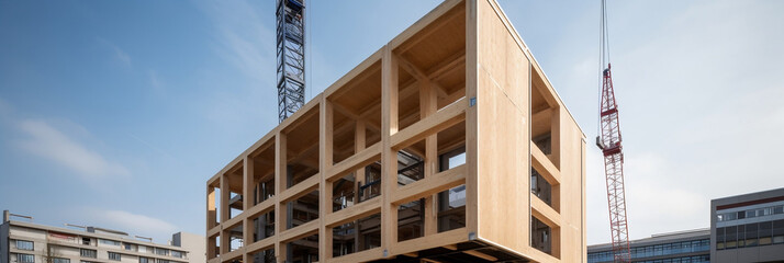 A wooden building module is raised by a crane and placed into the framework, berlin office building under construction, modular wood construction will be used to build the new building, generative ai