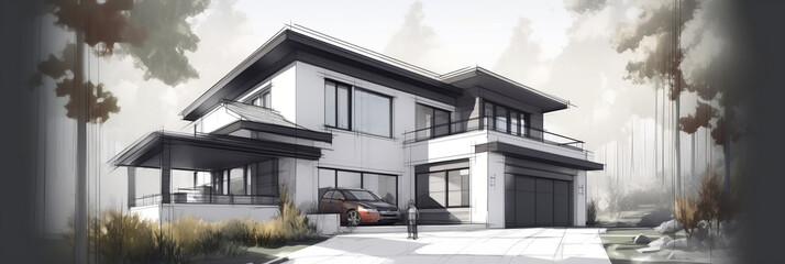 Exterior concept sketch of a modern minimalist cozy house in 3d rendering style, generative ai