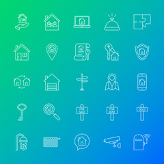 House Line Icons. Vector Illustration of Outline Real Estate Symbols over Blurred Background.
