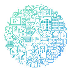 Fototapeta na wymiar Real Estate Line Circle Design. Vector Illustration of House and Building Objects isolated over White.