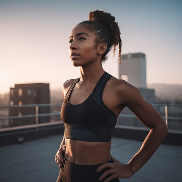Confident afican american young woman wearing a sleek black sports bra - generative AI, AI generated