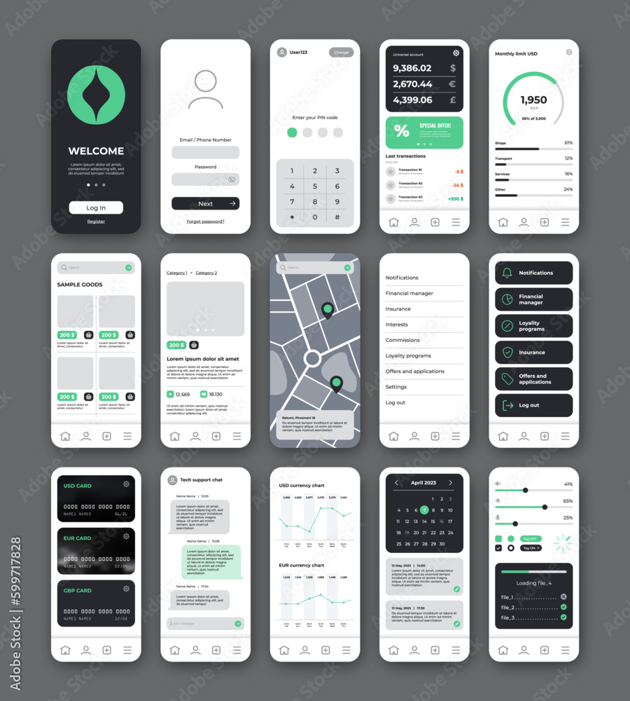 Poster mobile application ui ux template. universal screens with welcome, login, main menu, chat, chart, cr