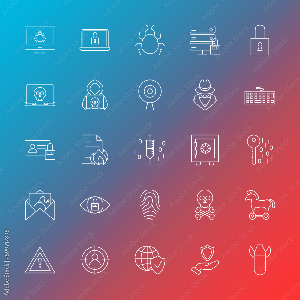 Aufkleber internet security line icons. vector illustration of outline hacker symbols over blurred background.