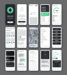 Mobile application UI UX template. 
Universal screens with welcome, login, main menu, chat, chart, credit cards list and map. UI elements for design mobile banking or shop.
