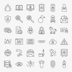 Cyber Security Line Icons. Vector Set of Outline Hacker Attack Symbols.