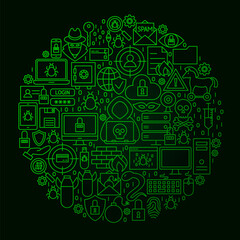 Hacker Line Circle Concept. Vector Illustration of Cyber Crime Objects over Black.