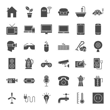 Household Appliance Solid Web Icons. Vector Set of Electronics and Gadget Glyphs.