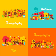 Obraz na płótnie Canvas Autumn Thanksgiving Concept Set. Vector Illustration. Fall Seasonal Posters.