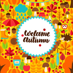 Flat Autumn Postcard. Vector Illustration of Fall Seasonal Concept.