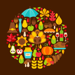 Flat Thanksgiving Day Concept. Vector Illustration. Autumn Holiday Set.
