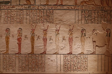 Mural paintings in Ramses V and Ramses VI tomb (KV9) in valley of the kings in Luxor in Egypt © Rania
