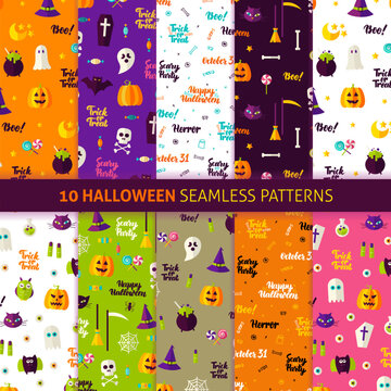 Halloween Holiday Seamless Patterns. Vector Illustration of Holiday Background. Trick or Treat.