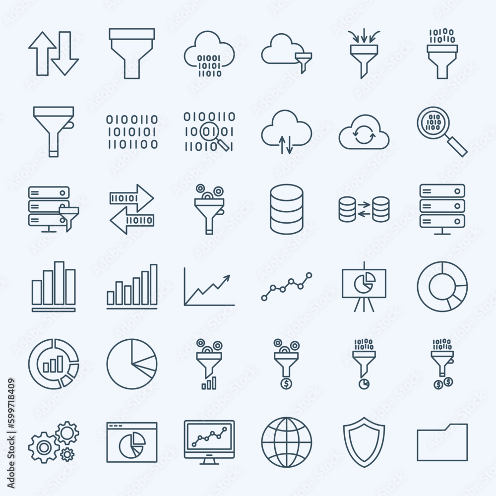Poster line filter funnel icons. vector set of outline data analysis symbols.