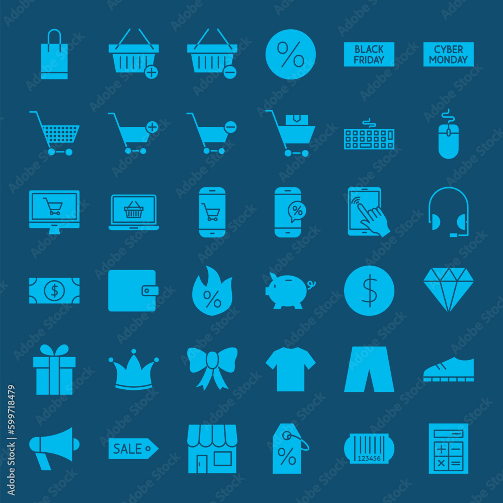 Poster cyber monday glyph web icons. vector set of business solid objects.