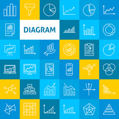 Vector Line Diagram Icons. Thin Outline Business Analytics Symbols over Colorful Squares.