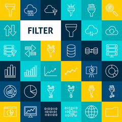 Vector Line Filter Icons. Thin Outline Business Symbols over Colorful Squares.