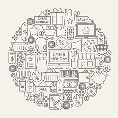 Cyber Monday Line Icons Circle. Vector Illustration of Shopping Sale Outline Objects.