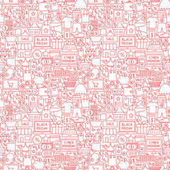 Black Friday Cyber Monday Seamless Pattern. Vector Illustration of Sale Outline Background.