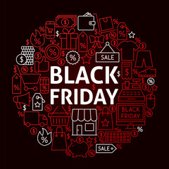 Obraz premium Black Friday Line Circle Concept. Vector Illustration of Shopping Sale Objects.