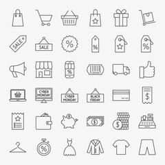 Black Friday Line Icons. Vector Set of Outline Cyber Monday Sale Symbols.