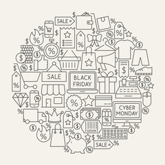 Black Friday Line Icons Circle. Vector Illustration of Cyber Monday Sale Outline Objects.