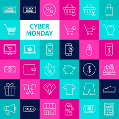 Vector Line Cyber Monday Icons. Thin Outline Sale Symbols over Colorful Squares.