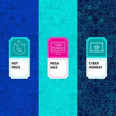 Line Cyber Monday Package Labels. Vector Illustration. Template for Packaging Design.