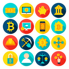 Fototapeta premium Cryptocurrency Bitcoin Flat Icons. Vector Illustration. Set of Circle Financial Items with Long Shadow.