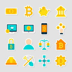 Cryptocurrency Bitcoin Stickers. Vector Illustration Flat Style. Collection of Financial Symbols.