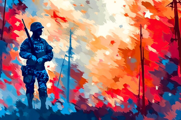 Soldier with abstract colorful background, 4th of July, Veteran's Day, Memorial Day design. Generative AI
