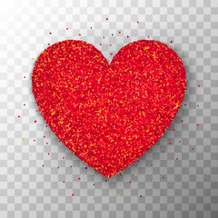 Red Glitter Heart. Vector Illustration of Realistic Love Object over Transparent Background.