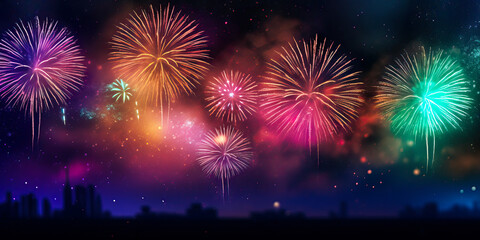 Fireworks over a city skyline graphic design, 4th of July, New Year's Eve, celebration, background. Generative AI