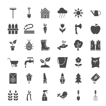 Garden Solid Web Icons. Vector Set of Spring Nature Glyphs.