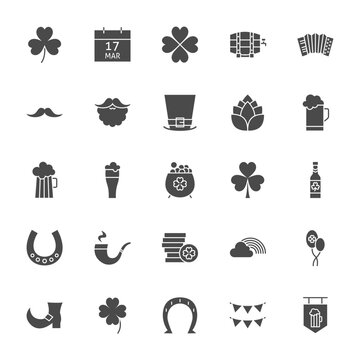 Saint Patrick Solid Web Icons. Vector Set of Seasonal Holiday Glyphs.