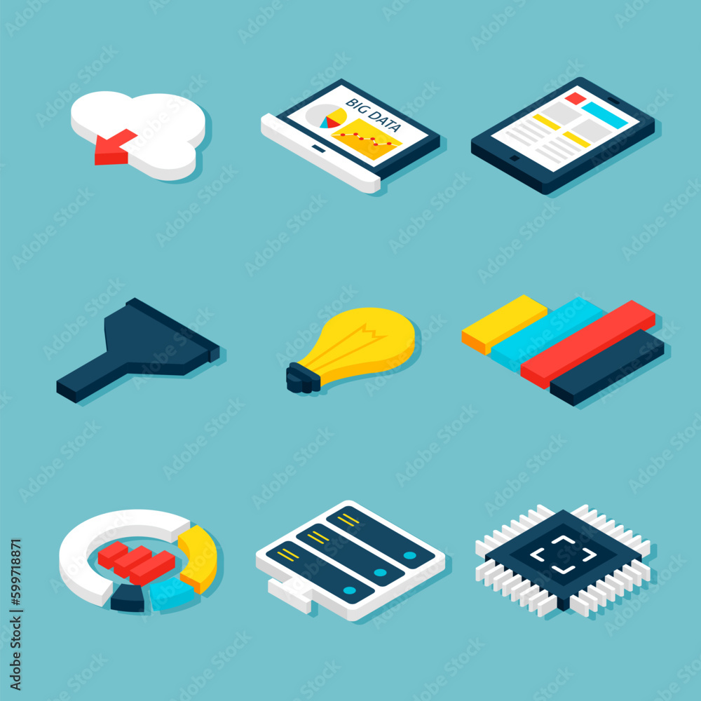 Poster big data business isometric objects. vector website concept icons.