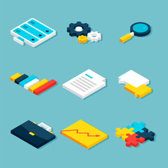 Big Data Analytics Isometric Objects. Vector Website and Business Concept Icons.