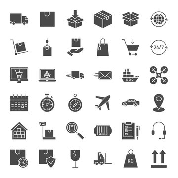 Delivery Solid Web Icons. Vector Set of Logistics Glyphs.