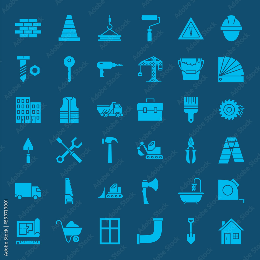 Poster building construction solid web icons. vector set of glyphs.