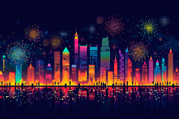 Fireworks over a city skyline graphic design, 4th of July, New Year's Eve, celebration, background. Generative AI