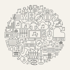 Music Line Icons Circle. Vector Illustration of Outline Objects.