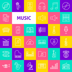 Vector Music Line Icons. Thin Outline Symbols over Colorful Squares.
